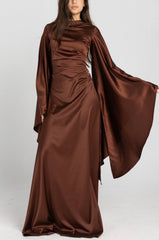 Sun Dress in Brown – floor-length satin maxi dress with flared sleeves and gathered waist