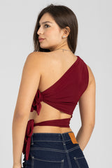 Abstract One-Shoulder Wrap Top – Burgundy