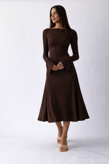 Chocolate Brown Kate Dress | Fitted & Flowy Double-Layer Lycra Dress