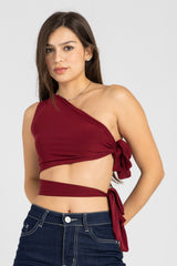 Abstract One-Shoulder Wrap Top – Burgundy