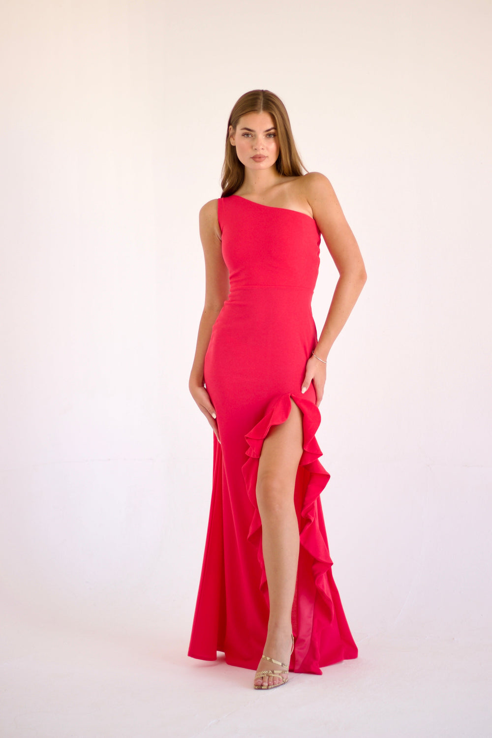 Francesca Gown one-shoulder hot pink evening dress with ruffle detail and side slit – Sand
