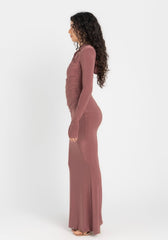 Thea Hooded Dress – Dusty Rosewood | Double Layer Lycra | Ruffled Side Detail