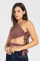 Abstract One-Shoulder Wrap Top – Dusty Rosewood