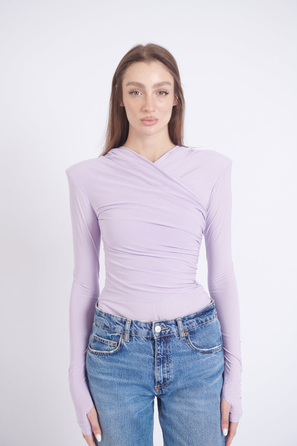 Lilac Thea Bodysuit – structured shoulder stretch bodysuit with hourglass silhouette | sand