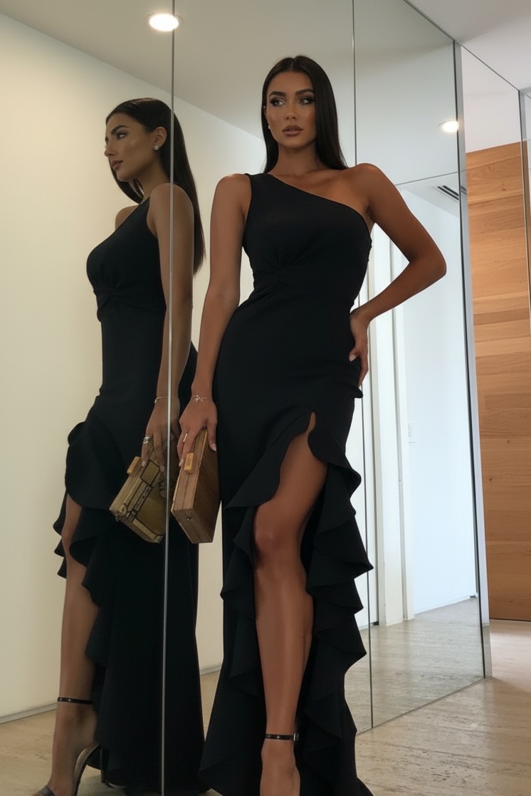 Francesca Gown one-shoulder black evening dress with ruffle detail and side slit – Sand