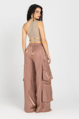 Abstract One-Shoulder Wrap Top – Nude Beige