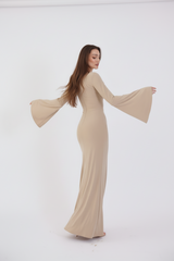 Valentina Long Sleeve Maxi Dress - Nude - Flowy Double Layered Gown