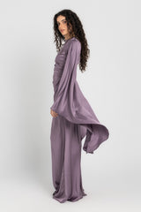 Sun Dress in Lilac – floor-length satin maxi dress with flared sleeves and gathered waist