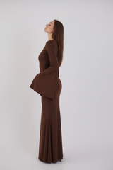 Valentina Long Sleeve Maxi Dress - Chocolate Brown - Flowy Double Layered Gown