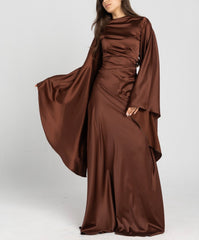 Sun Dress in Brown – floor-length satin maxi dress with flared sleeves and gathered waist