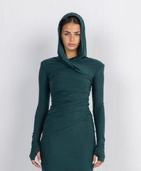 Hera Hooded Dress – Emerald | Double Layer Lycra | Ruffled Side Detail