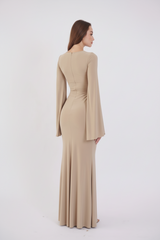 Valentina Long Sleeve Maxi Dress - Nude - Flowy Double Layered Gown
