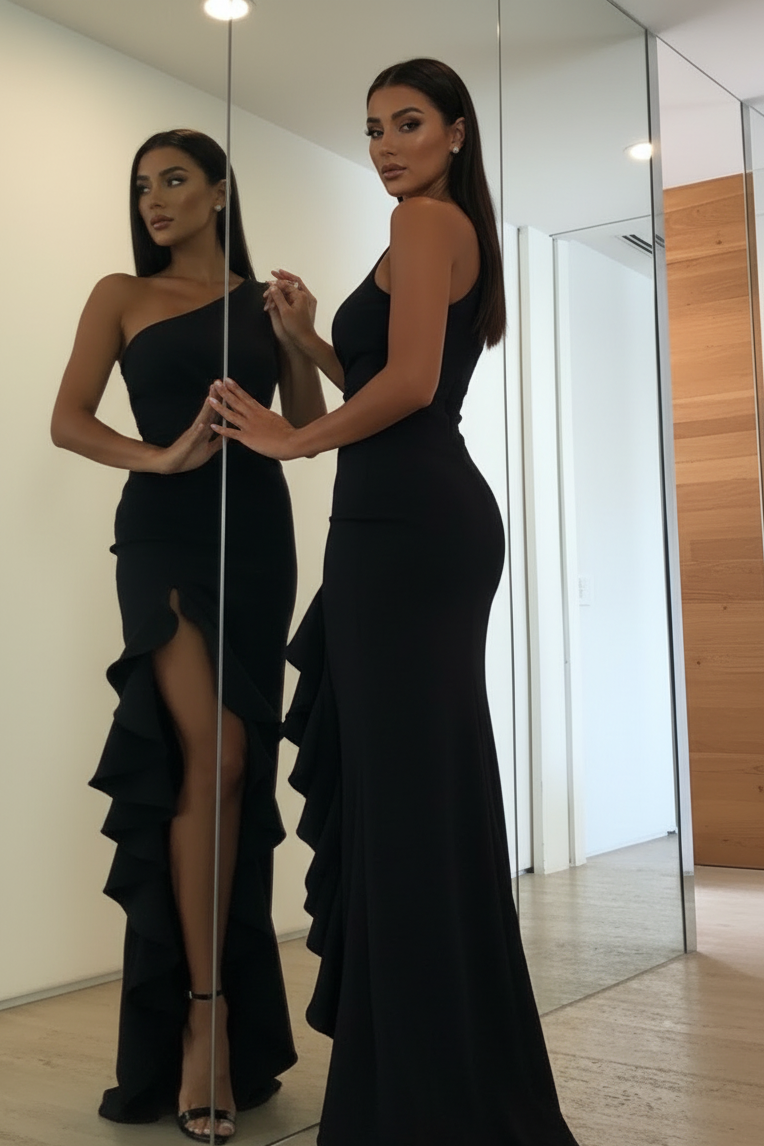Francesca Gown one-shoulder black evening dress with ruffle detail and side slit – Sand