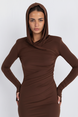Hera Hooded Dress – Chocolate Brown | Double Layer Lycra | Ruffled Side Detail