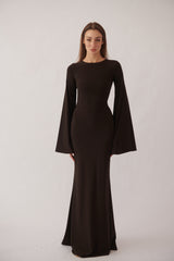 Valentina Long Sleeve Maxi Dress - Chocolate Brown - Flowy Double Layered Gown