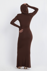 Hera Hooded Dress – Chocolate Brown | Double Layer Lycra | Ruffled Side Detail