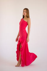 Francesca Gown one-shoulder hot pink evening dress with ruffle detail and side slit – Sand