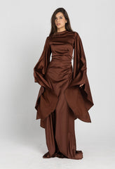 Sun Dress in Brown – floor-length satin maxi dress with flared sleeves and gathered waist