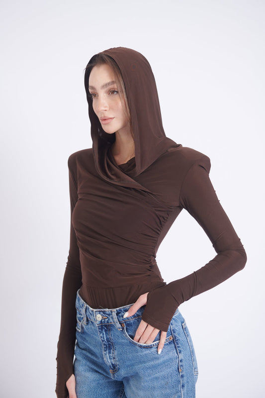 Thea Bodysuit - Chocolate Brown Structured Shoulder Bodysuit