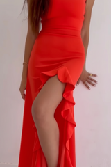 Francesca Gown orange evening dress full length side view – Sand