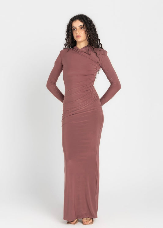 Hera Hooded Dress – Dusty Rosewood | Double Layer Lycra | Ruffled Side Detail