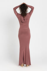 Hera Hooded Dress – Dusty Rosewood | Double Layer Lycra | Ruffled Side Detail