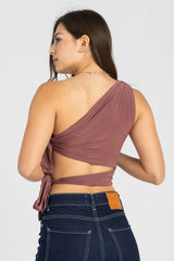 Abstract One-Shoulder Wrap Top – Dusty Rosewood