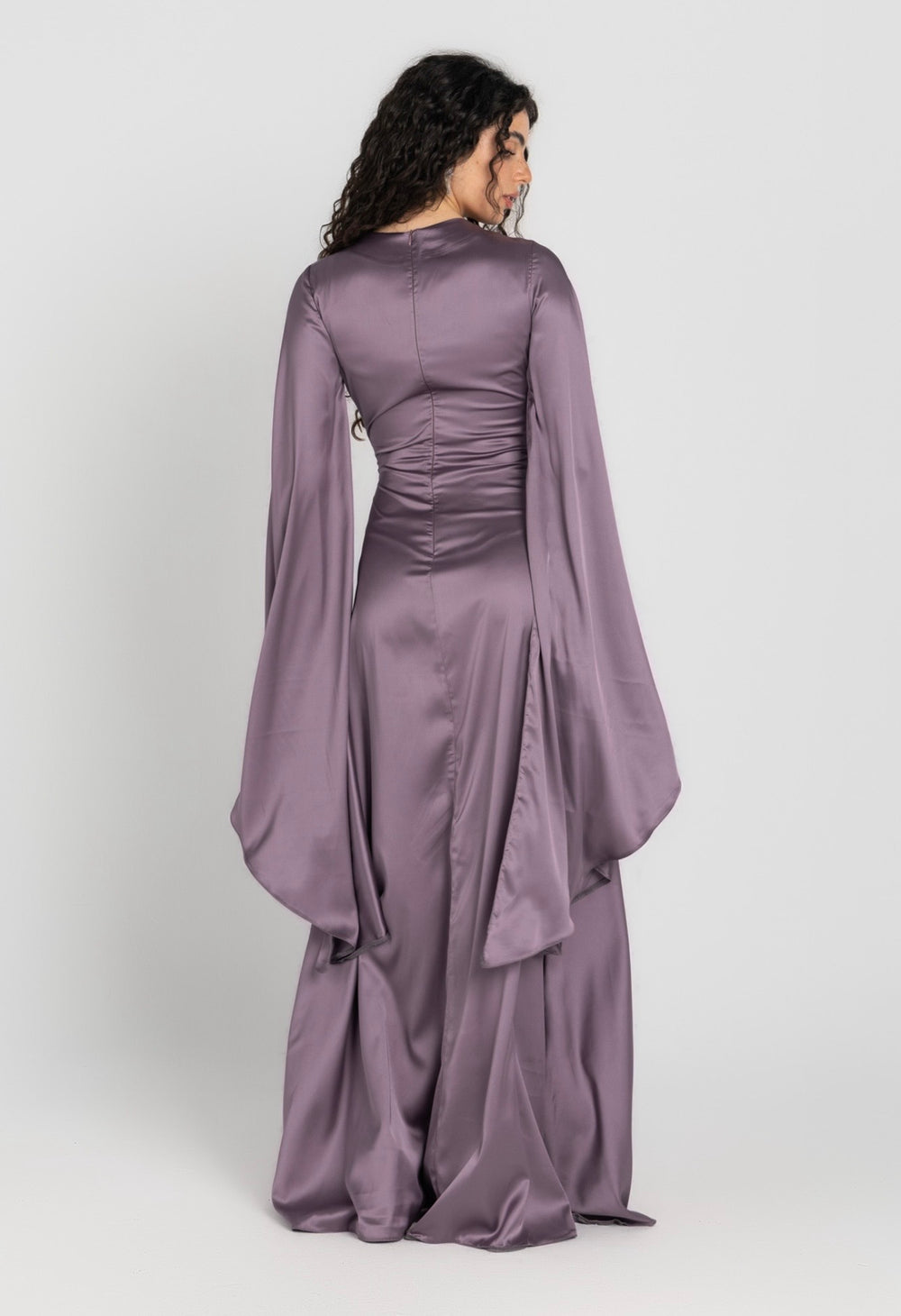 Sun Dress in Lilac – floor-length satin maxi dress with flared sleeves and gathered waist