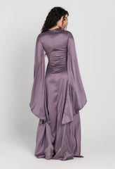 Sun Dress in Lilac – floor-length satin maxi dress with flared sleeves and gathered waist