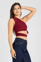 Abstract One-Shoulder Wrap Top – Burgundy