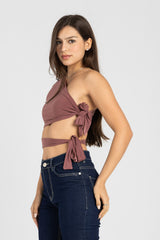 Abstract One-Shoulder Wrap Top – Dusty Rosewood