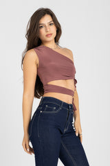 Abstract One-Shoulder Wrap Top – Dusty Rosewood