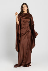 Sun Dress in Brown – floor-length satin maxi dress with flared sleeves and gathered waist
