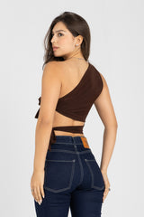 Abstract One-Shoulder Wrap Top – Chocolate Brown