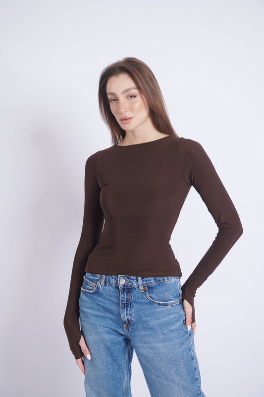 Double-Layer Long Sleeve Top – Chocolate Brown