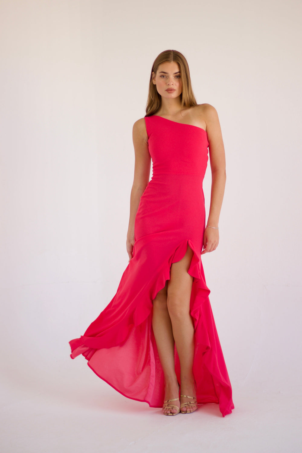 Francesca Gown one-shoulder hot pink evening dress with ruffle detail and side slit – Sand