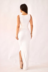 White Athena Dress | Frilly Ruched Maxi with Side Slit