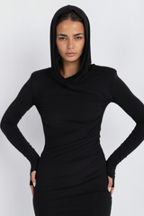Hera Hooded Dress – Black | Double Layer Lycra | Ruffled Side Detail