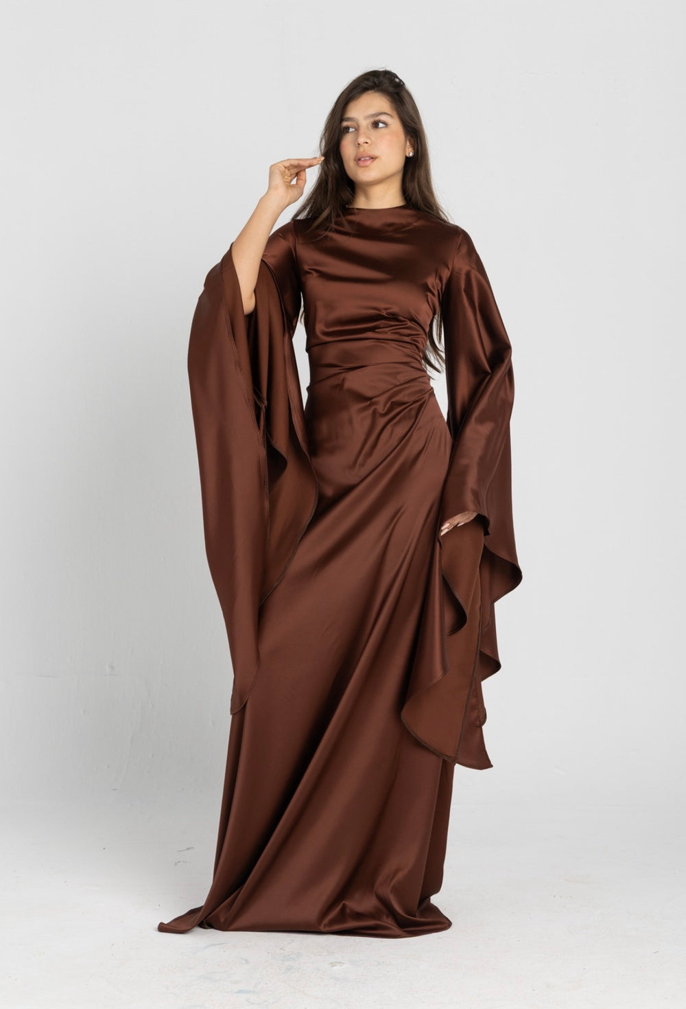 Sun Dress in Brown – floor-length satin maxi dress with flared sleeves and gathered waist