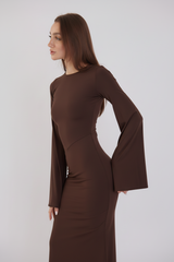 Valentina Long Sleeve Maxi Dress - Chocolate Brown - Flowy Double Layered Gown