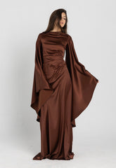 Sun Dress in Brown – floor-length satin maxi dress with flared sleeves and gathered waist