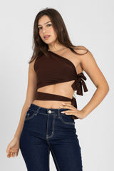 Abstract One-Shoulder Wrap Top – Chocolate Brown