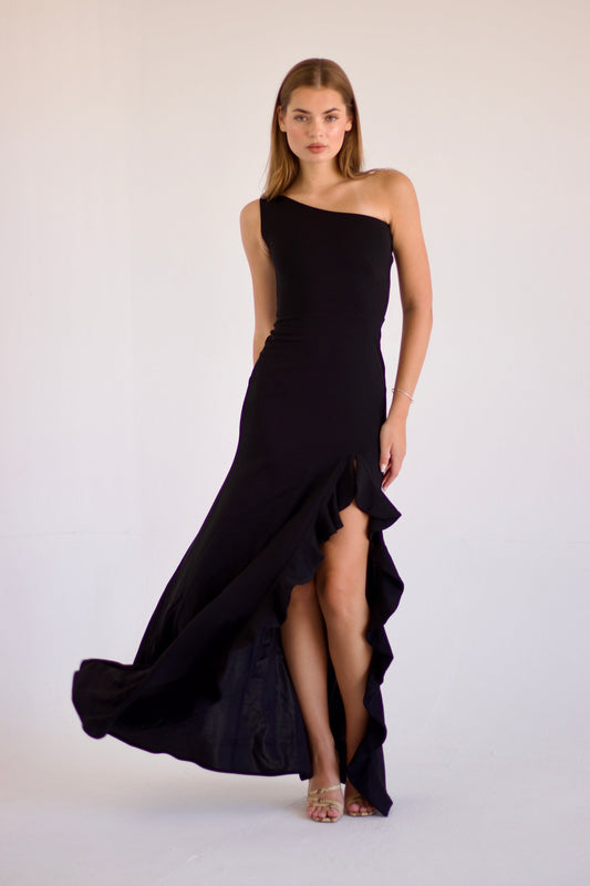 Francesca Gown one-shoulder black evening dress with ruffle detail and side slit – Sand