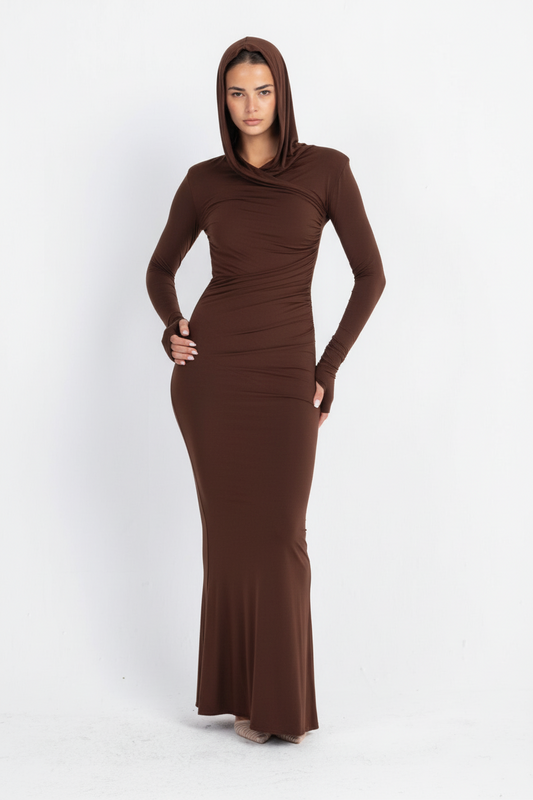 Thea Hooded Dress – Chocolate Brown | Double Layer Lycra | Ruffled Side Detail