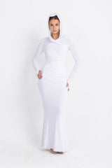 Hera Hooded Dress – White | Double Layer Lycra | Ruffled Side Detail