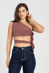 Abstract One-Shoulder Wrap Top – Dusty Rosewood
