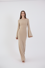 Valentina Long Sleeve Maxi Dress - Nude - Flowy Double Layered Gown