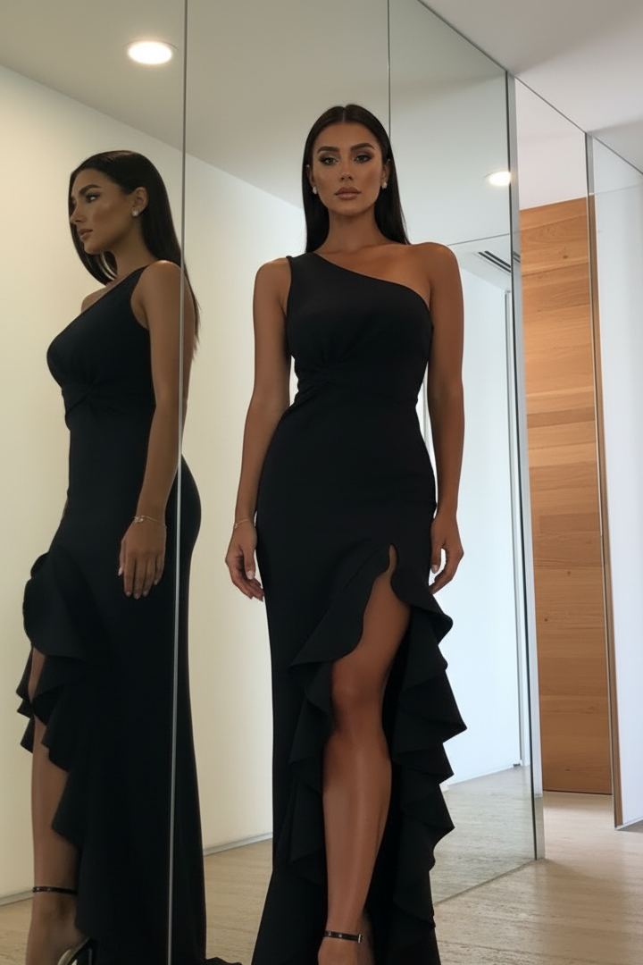 Francesca Gown one-shoulder black evening dress with ruffle detail and side slit – Sand