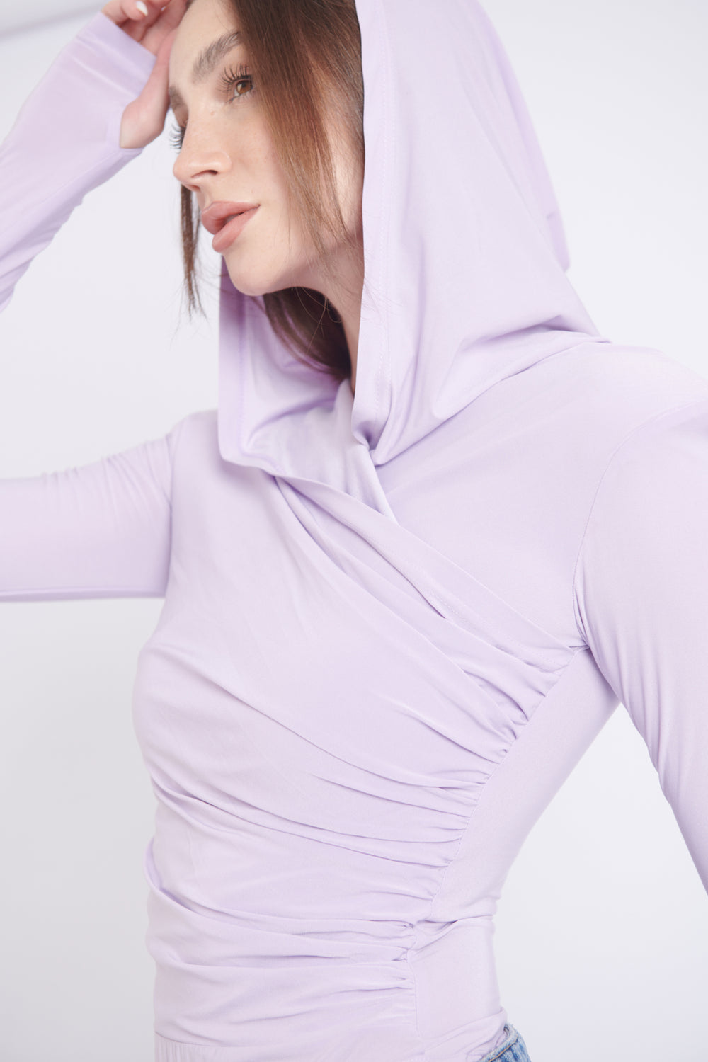 Lilac Thea Bodysuit – structured shoulder stretch bodysuit with hourglass silhouette | sand