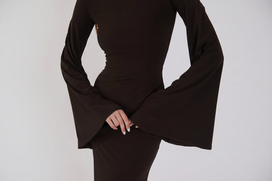 Valentina Long Sleeve Maxi Dress - Chocolate Brown - Flowy Double Layered Gown